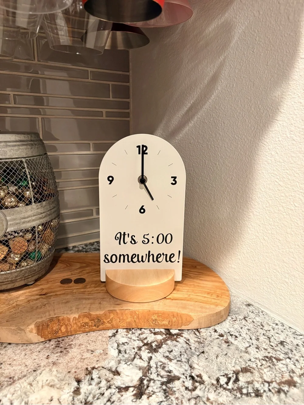 Decorative White Table Clock with Wood Base - It's 5:00 Somewhere